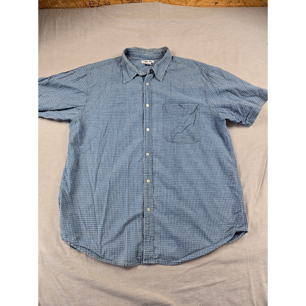 Cherokee Mens XL Short Sleeve Button Down Shirt Blue White Micro Check Cotton